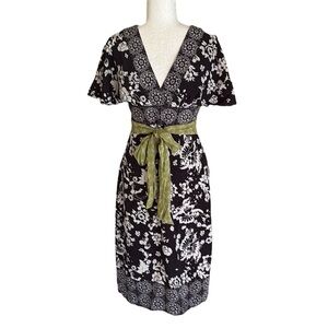 NEW Phoebe Couture Silk Black White Floral Print Green Tie Waist Midi Dress - 6